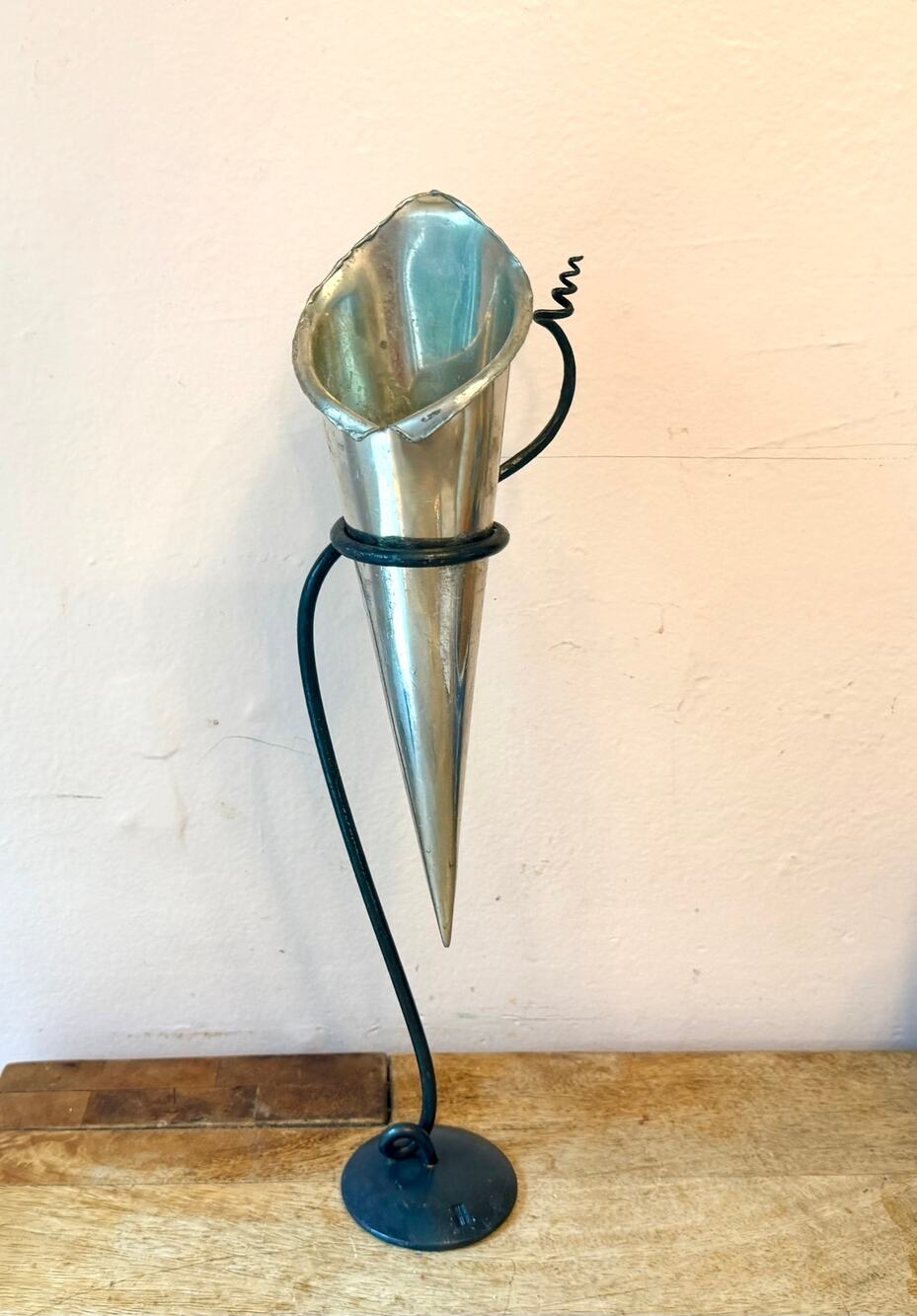 Vtg MURA Pewter Cornucopia Horn Vase Wrought Iron Stand Signed Abstract Bird 19”